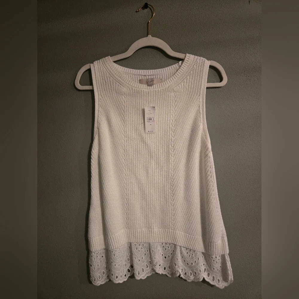 LOFT Ivory Knit Tank Top with Lace Hem - Picture 2 of 4